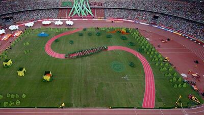 A general view inside the Bird's Nest on Saturday of the opening ceremonies to the 2015 Athletics World Championships in Beijing. Ian Walton / Getty Images