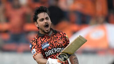 Sunrisers Hyderabad's Ishan Kishan celebrates after scoring a century against Rajasthan Royals. AP
