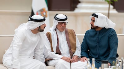 Sheikh Hamdan bin Mohammed, Khalaf Ahmed Al Otaiba and Sheikh Saif bin Zayed, UAE Deputy Prime Minister and Minister of Interior, at the iftar reception at Al Bateen Palace. Hamad Al Kaabi / UAE Presidential Court