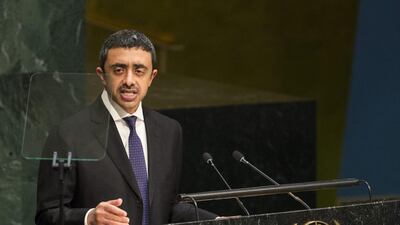 Foreign Minister Sheikh Abdullah bin Zayed addresses the 70th session of the United Nations General Assembly at the organisation’s headquarters in New York. Craig Ruttle / AP Photo