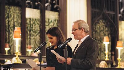 Actors Sophie Winkleman and Harry Enfield read during the Singing for Syrians Carol Service in St Margaret’s Church, Westminster, in 2019. Courtesy Hands Up Foundation