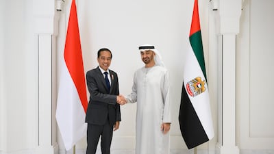 President Sheikh Mohamed and Indonesia's President Joko Widodo at the signing of the Comprehensive Economic Partnership Agreement and other bilateral agreements between the UAE and Indonesia, at Al Shati Palace, Abu Dhabi. All photos: Ministry of Presidential Affairs