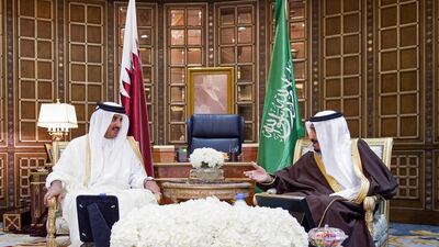 Qatar's Emir Tamim bin Hamad Al Thani meets with Saudi Arabia's King Salman in Riyadh on February 17. AP Photo