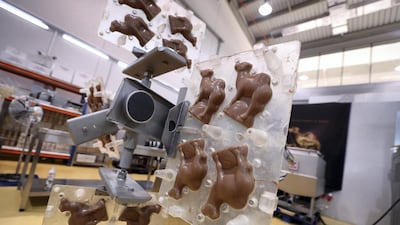 A herd of miniature chocolate camels on the production line at Al Nassma. Chris Whiteoak / The National