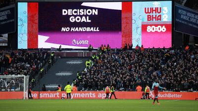 The big screen at London Stadium shows the VAR decision to allow Glenn Murray's goal for Brighton. Reuters