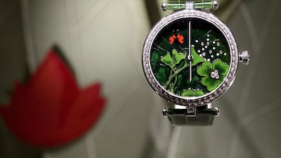 A wristwatch by a French jeweler Van Cleef & Arpels owned by Richemont, the world's second-largest luxury goods firm, is displayed on the opening day of the "Salon International de la Haute Horlogerie" (SIHH), a professional fair in fine watchmaking, on January 19, 2015, in Geneva. Fabrice Coffrini / AFP