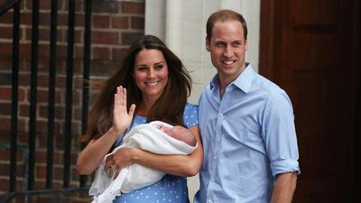 Prince William and Catherine, Duchess of Cambridge, depart The Lindo Wing with their newborn son, Prince George, at St Mary's Hospital in July 2013. Getty Images