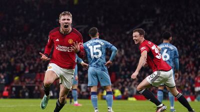 Manchester United's Rasmus Hojlund celebrates scoring their side's third goal against Aston Villa at the Old Trafford. AP