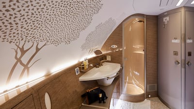 Ghaf trees, which are native to the UAE, have been hand-stenciled in the first class shower spa aboard Emirates first retrofitted A380. Photo: Emirates