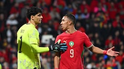 Morocco goalkeeper Yassine Bounou, left, with Soufiane Rahimi during a friendly against Paraguay in France in March. Getty Images