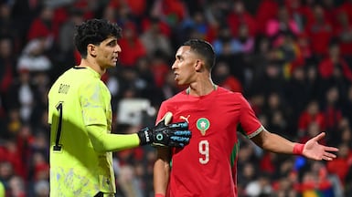 Morocco goalkeeper Yassine Bounou, left, with Soufiane Rahimi during a friendly against Paraguay in France in March. Getty Images