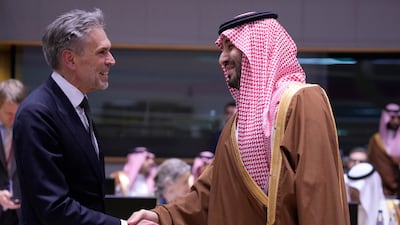 Mohammed bin Salman greets the Dutch Prime Minister Dick Schoof. AP