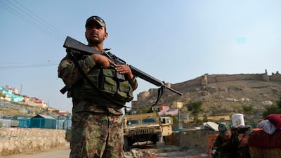 An Afghan soldier stands outside the old fortress of Bala Hissar in Kabul on August 11, 2019. AFP