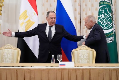 Russian Foreign Minister Sergei Lavrov has held talks with Arab League chief Ahmed Aboul Gheit in Moscow. AP