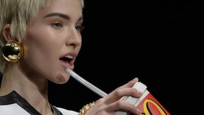 Designer Jeremy Scott created a bag for Moschino that resembled a McDonald's tumbler for autumn/winter 2014. Photo: Moschino