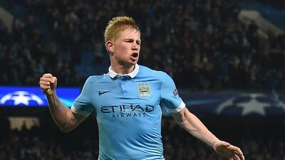 Manchester City's Kevin de Bruyne celebrates after scoring the winner against Sevilla in the Champions League on Wednesday night. Paul Ellis / AFP / October 21, 2015