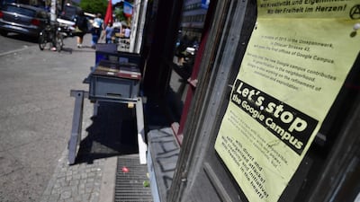 A sheet promoting an anti-Google action in Berlin's Kreuzberg district The US company is facing protests as it prepares to open a 'campus' in the German city. Daphne Rousseau/AFP