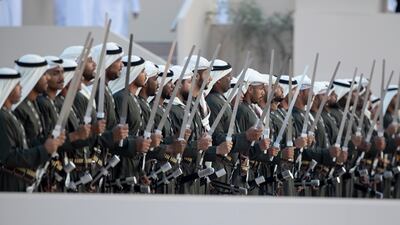 Performers in a mass Al Yola dance. Mohamed Al Hammadi / Presidential Court