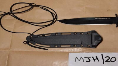 A knife presented as evidence in the terrorism trial of Madihah Taheer and Ummariyat Mirza. Crown Prosecution Service/Reuters