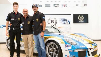 Jeffrey Schmidt (left), Zaid Ashkanani (right) with Vijay Rao (center) aim to launch their new partnership for Al Nabooda Racing by making a flying start to the 2015/16 Porsche GT3 Cup Challenge Middle East at Bahrain International Circuit this weekend. Courtesy GT3 Cup Challenge Middle East