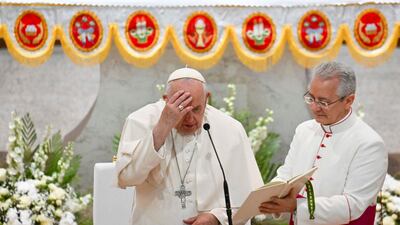 Pope Francis (L) leads the Angelus prayer at the Sacred Heart Church in Manama, during his official visit to the Kingdom of Bahrain. EPA