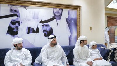 Sheikh Zayed bin Tahnoon bin Mohamed, Brigadier General Rashid Mohammed Al Shamsi, Sheikh Hazza bin Tahnoon, Undersecretary to the Ruler's Representative of the Eastern Region of Abu Dhabi and Zayed bin Hazza bin Tahnoon, attend a reception.