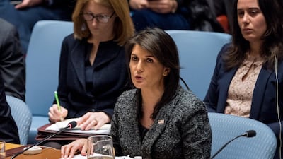 American Ambassador to the United Nations Nikki Haley speaks after the United Nations Security Council voted on a resolution demanding a 30-day humanitarian cease-fire across Syria on Saturday, February 24, 2018 at United Nations headquarters. Craig Ruttle / AP Photo