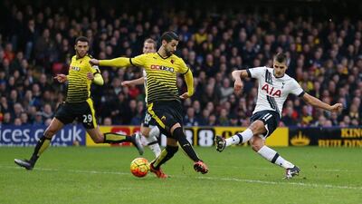 Football Soccer - Watford v Tottenham Hotspur - Barclays Premier League - Vicarage Road - 28/12/15Erik Lamela scores the first goal for TottenhamAction Images via Reuters / Matthew ChildsLivepicEDITORIAL USE ONLY. No use with unauthorized audio, video, data, fixture lists, club/league logos or "live" services. Online in-match use limited to 45 images, no video emulation. No use in betting, games or single club/league/player publications. Please contact your account representative for further details.