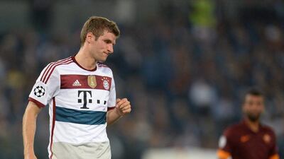 Bayern Munich's Thomas Muller reacts after scoring in his side's 7-1 win over Roma in the Champions League on Tuesday night. Andreas Gebert / EPA / October 21, 2014