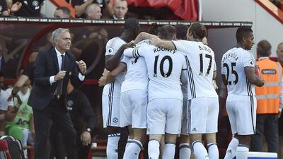 Manchester United’s Zlatan Ibrahimovic celebrates scoring their third goal with teammates and manager Jose Mourinho against AFC Bournemouth at Vitality Stadium on August 14, 2016 in Bournemouth, England. Hannah McKay / Reuters