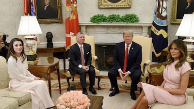 In their third summit since Mr Trump took office, King Abdullah and Queen Rania received a warm reception at the White House. EPA
