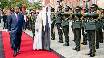 Sheikh Mohamed is given an official reception at the presidential palace in Luanda