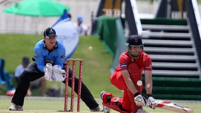 Thomas Smith of Lancashire plays a shot during the Emirates T20 cricket match between Sussex vs Lancashire in Dubai. Pawan Singh / The National