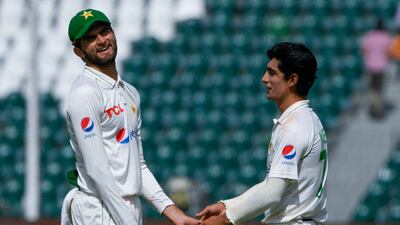 Shaheen Afridi, left, and Naseem Shah picked up four wickets each. AFP