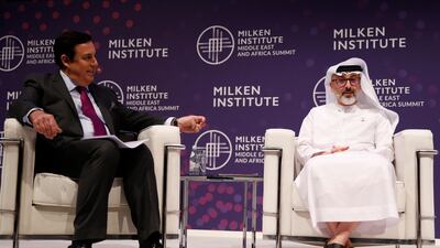 John Defterios, left, Emerging Markets Editor and Anchor of CNN, and Waleed Al Muhairi, right, Deputy Group CEO & Chief Executive Officer of Mubadala Investment Company. in conversation. EPA