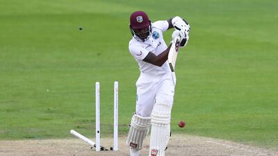 West Indies' Jermaine Blackwood is bowled out by England's Chris Woakes. AP