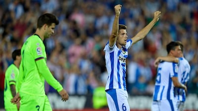 Leganes players celebrate their shock win over Barcelona. AFP