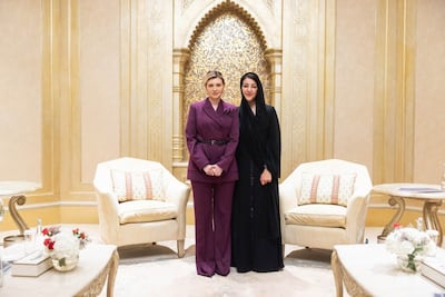 Minister of State for International Co-operation Reem Al Hashimy at a meeting with Olena Zelenska, wife of Ukrainian President Volodymyr Zelenskyy, in Abu Dhabi in February. Getty