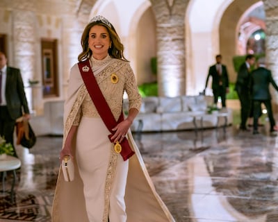 Queen Rania attends a dinner banquet on the wedding day of Crown Prince Hussein bin Abdullah and Princess Rajwa Al Hussein. Photo: Office of Her Majesty Queen Rania Al Abdullah