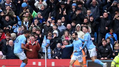 Bernardo Silva celebrates after scoring City's second. Getty