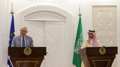 Saudi Arabia's Foreign Minister Prince Faisal bin Farhan and EU foreign policy chief Josep Borrell address journalists in Riyadh on Sunday. Photo: Reuters