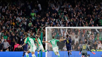 Cristian Tello begins his celebration after scoring the winning goal. Reuters