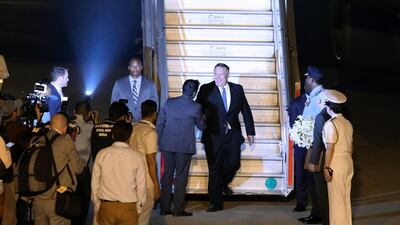 Mike Pompeo arrives at Air Force Station Palam in Delhi, India. Bloomberg
