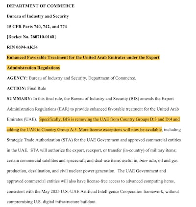 A document detailing changes to the UAE's trade regulations with the US. Photo: US Federal Register