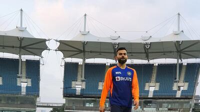 Virat Kohli with the Indian team at the MA Chidambaram Stadium in Chennai on Monday. Courtesy BCCI Twitter / @BCCI