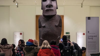 A basalt Easter Island Head figure, known as Hoa Hakananai'a, on display in 2018