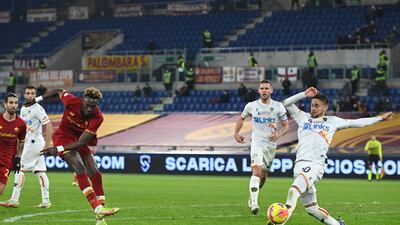 Roma striker Tammy Abraham shoots at goal. EPA