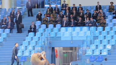 North Korea's leader Kim Jong-un at a walrus show at the Primorsky Regional Aquarium in Vladivostok. AFP