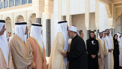 Sheikh Abdullah bin Zayed Al Nahyan, UAE Minister of Foreign Affairs and International Cooperation bids farewell to Dr Ahmad Al Tayeb. Rashed Al Mansoori / Ministry of Presidential Affairs
