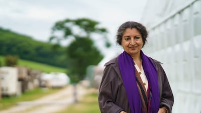 Geetanjali Shree at the Hay Festival in Wales. Getty Images